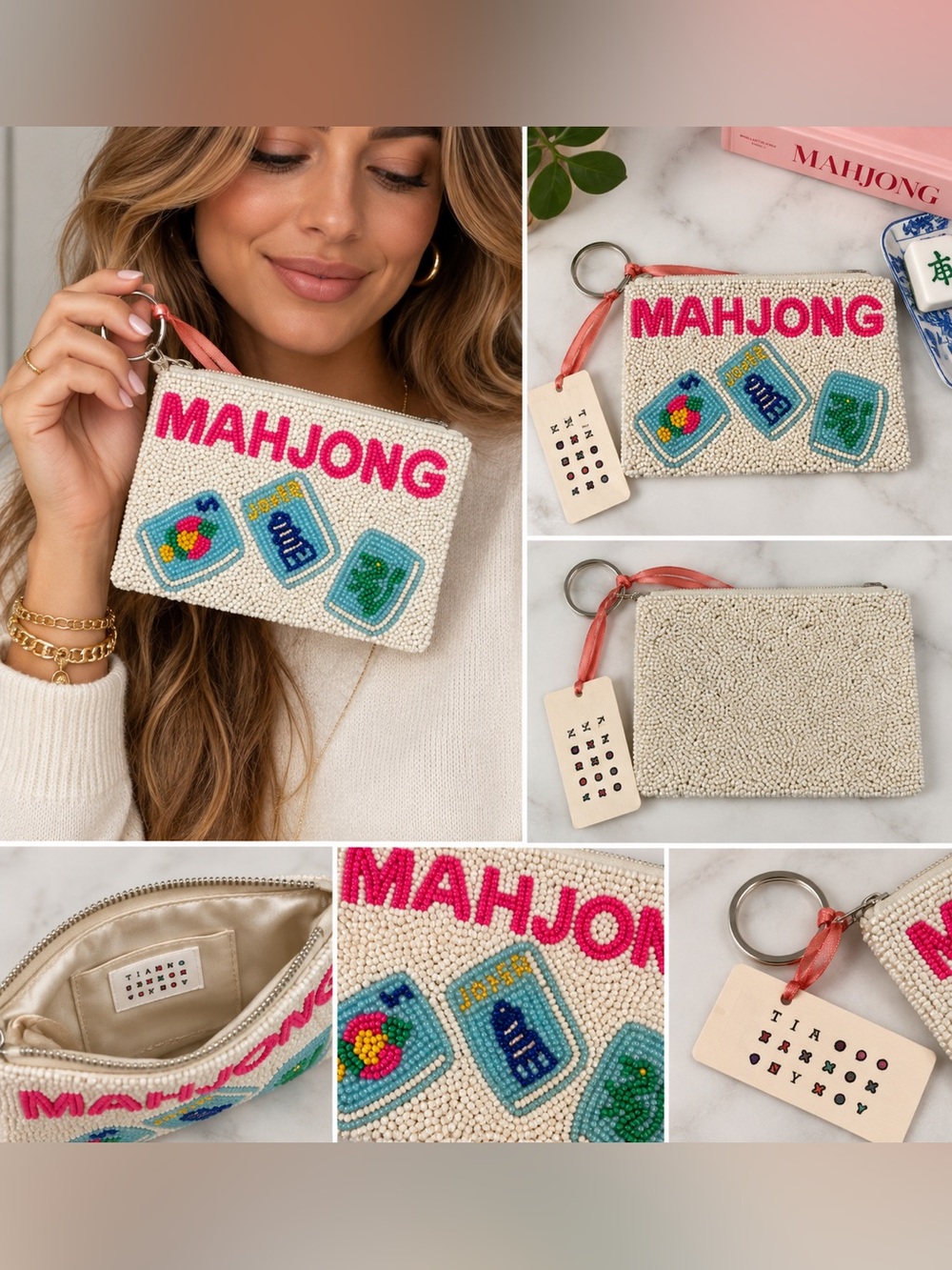 Tiana NY Mahjong Luxe Beaded Coin Pouch Key Ring NWT